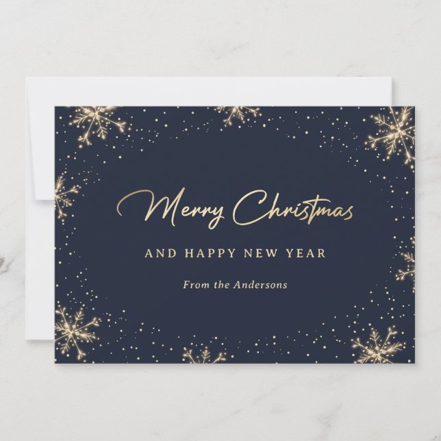 Elegant Snowy Blue and Gold Snowflake Holiday Card (Front)