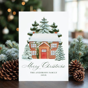 Elegant Snowy Brick Home Christmas Non-Photo Holiday Card