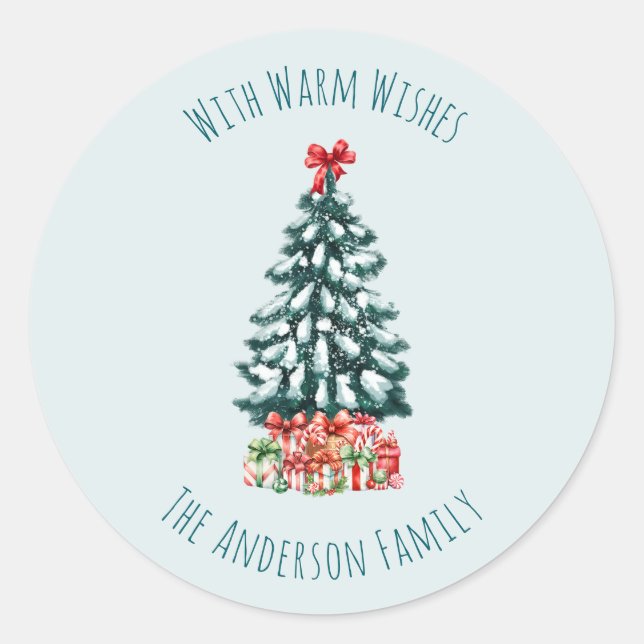 Elegant Snowy Christmas Tree Personalised Classic Round Sticker (Front)