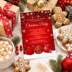 Elegant Snowy Red Christmas Balls Christmas Party Invitation