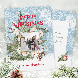 Elegant Snowy Watercolor Floral Photo Holiday Card