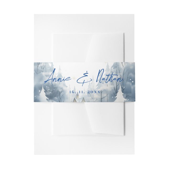 Elegant Snowy Winter Scene Landscape  Wedding Invitation Belly Band (Front Example)