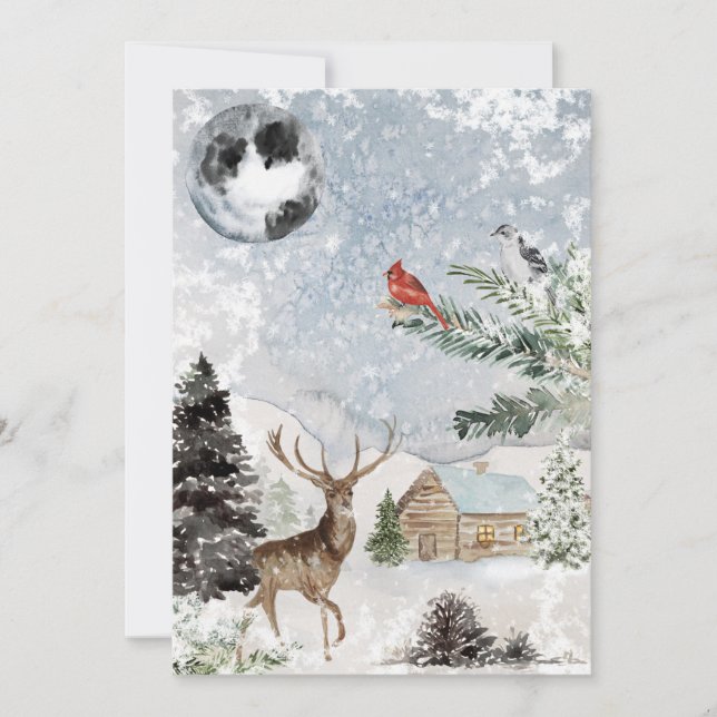 Elegant Snowy Winter Wonderland Deer Cardinal Holiday Card (Front)