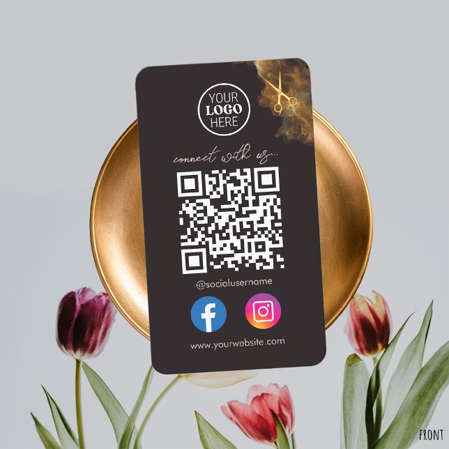 Elegant Social Media Purple Gold Scissors QR Code Business Card (Creator Uploaded)