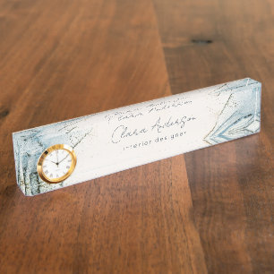 Elegant Soft Abstract Watercolor Blue Gold Beachy  Nameplate