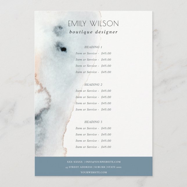 Elegant Soft Aqua Blue Gold Beachy Service Price Menu (Front)