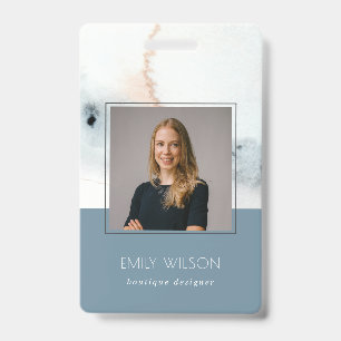 Elegant Soft Aqua Blue Gold Watercolor Beach Photo ID Badge