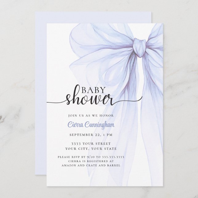 Elegant Soft Blue Bow Baby Shower Invitation (Front/Back)
