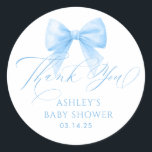 Elegant Soft Blue Bow Whimsical Cute Thank You Classic Round Sticker<br><div class="desc">These dreamy thank you stickers feature a soft pastel blue palette and a delicate coquette-inspired watercolor bow that creates an elegant focal point. The design aligns beautifully with popular vintage and French-inspired baby shower trends,  coquette bridal shower,  retro engagement parties... </div>