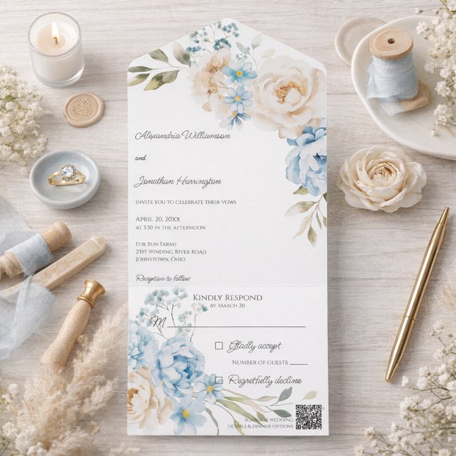 Elegant Soft Blue Floral Wedding All In One Invitation (Creator Uploaded)