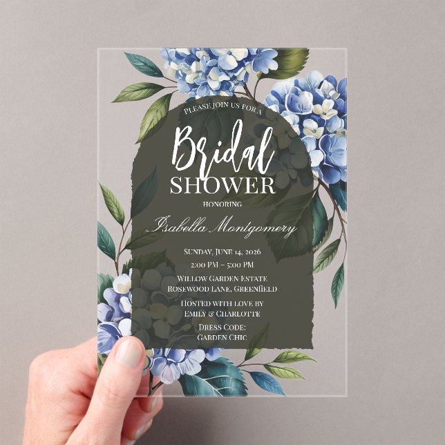 Elegant Soft Blue Hydrangea Bridal Shower Acrylic Invitations (Insitu (Handheld))