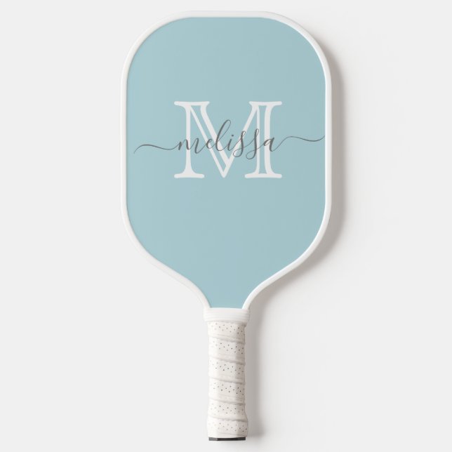 Elegant Soft Blue Minimal Name and Monogram  Pickleball Paddle (Front)