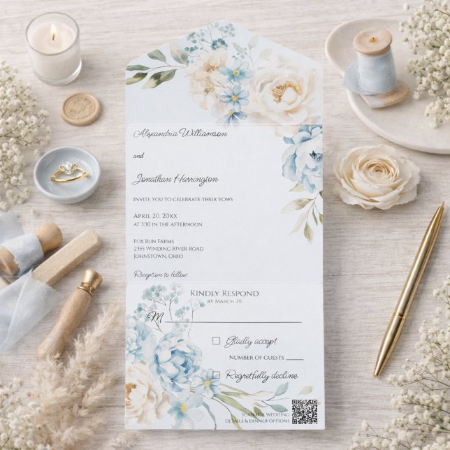 Elegant Soft Blue on Blue Floral Wedding All In One Invitation (Creator Uploaded)