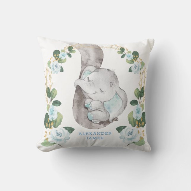 Elegant Soft Blue Roses Baby Elephant Boy Nursery Cushion (Front)
