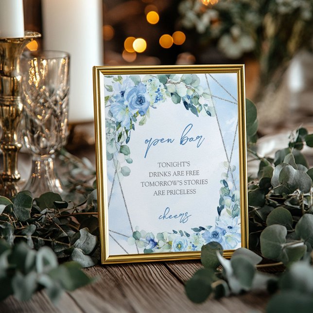 Elegant soft blue watercolor floral Open bar sign (Elegant soft blue watercolor floral Open bar sign)