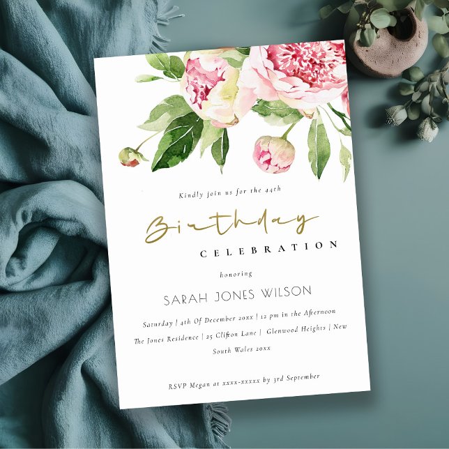 Elegant Soft Blush Floral Peony Any Age Birthday Invitation (Creator Uploaded)