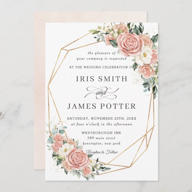 Elegant Soft Blush Ivory Floral Wedding Geometric  Invitation (Front/Back)