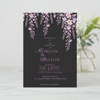 Elegant Soft Blush Lavender Floral Black Wedding Invitation