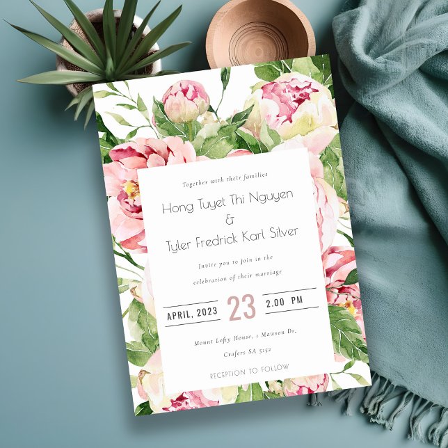 Elegant Soft Blush Peony Floral Watercolor Wedding Invitation (Creator Uploaded)