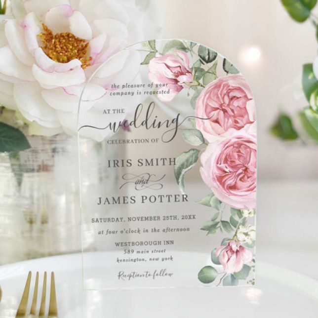 Elegant Soft Blush Pink Floral Greenery Wedding Acrylic Invitations (Creator Uploaded)