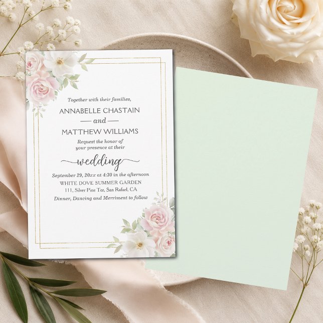 Elegant Soft Blush Roses Gold Frame Wedding  Invitation (Creator Uploaded)