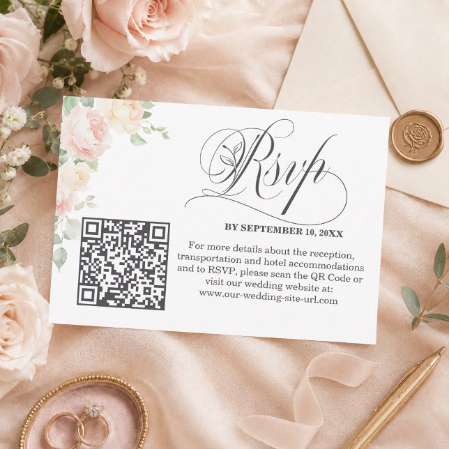 Elegant Soft Blush Roses QR Code Wedding RSVP Card (Creator Uploaded)
