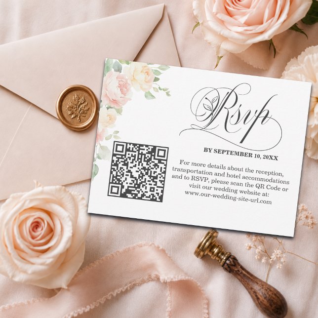 Elegant Soft Blush Roses QR Code Wedding RSVP Postcard (Creator Uploaded)
