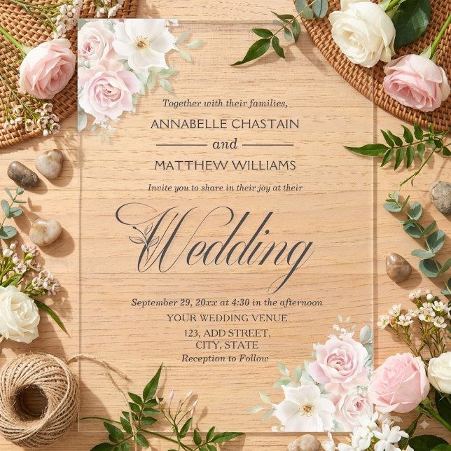 Elegant Soft Blush Roses Wedding  Acrylic Invitations (Creator Uploaded)