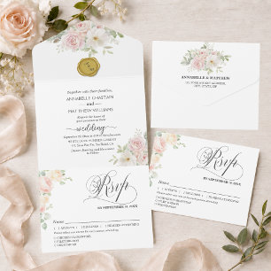 Elegant Soft Blush Roses Wedding All In One Invitation