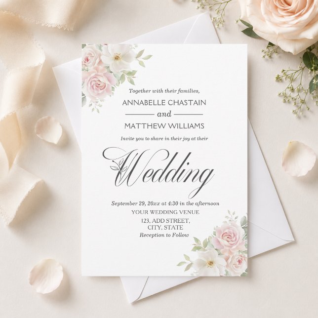 Elegant Soft Blush Roses Wedding  Invitation (Creator Uploaded)