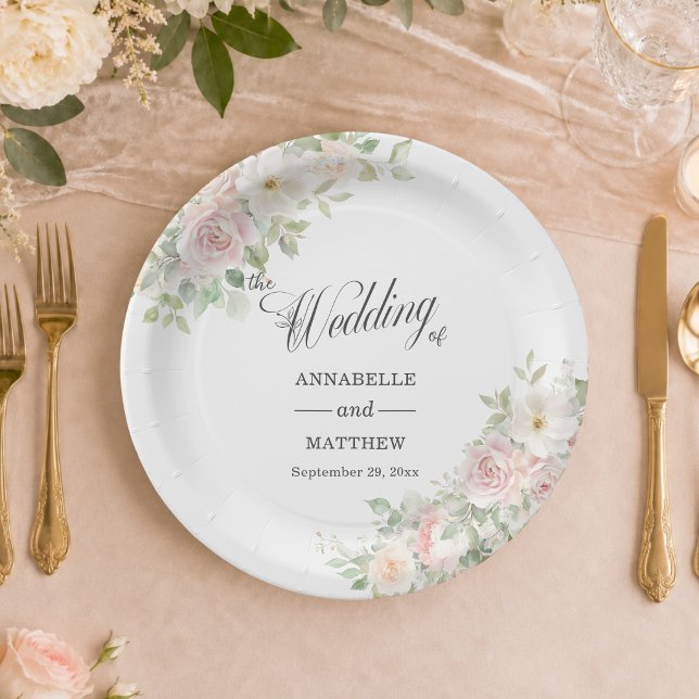 Elegant Soft Blush Roses Wedding Paper Plate (Creator Uploaded)
