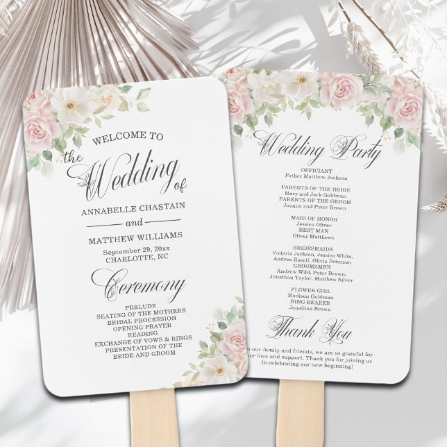 Elegant Soft Blush Roses Wedding Program Hand Fan (Creator Uploaded)
