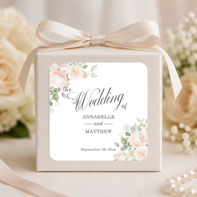 Elegant Soft Blush Roses Wedding Square Sticker (Creator Uploaded)