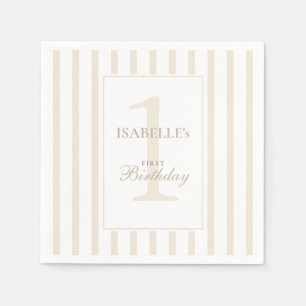 Elegant Soft Champagne Stripe 1st Birthday Napkin
