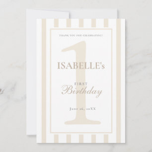 Elegant Soft Champagne Stripe 1st Birthday Thank You Card