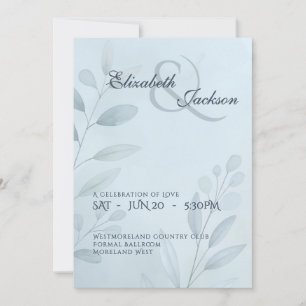 Elegant Soft Cool Blue Botanical Script Wedding  Invitation