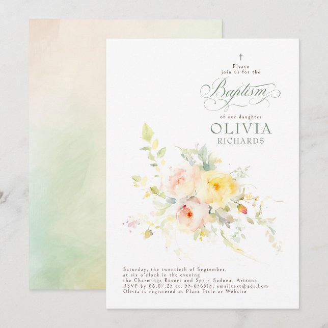 Elegant Soft Flowers Baptism Invitation (Front/Back)