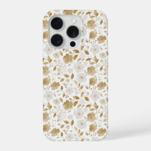 Elegant Soft Gold Flower White Floral Pattern iPhone 15 Pro Case