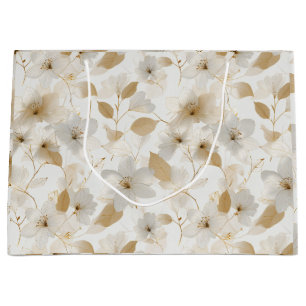 Elegant Soft Gold Flower White Floral Pattern Large Gift Bag
