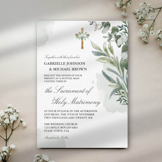 Elegant Soft Green Floral Nuptial Mass Wedding Invitation (Creator Uploaded)