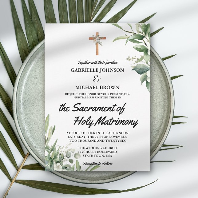 Elegant Soft Green Floral Nuptial Mass White Invitation (Creator Uploaded)