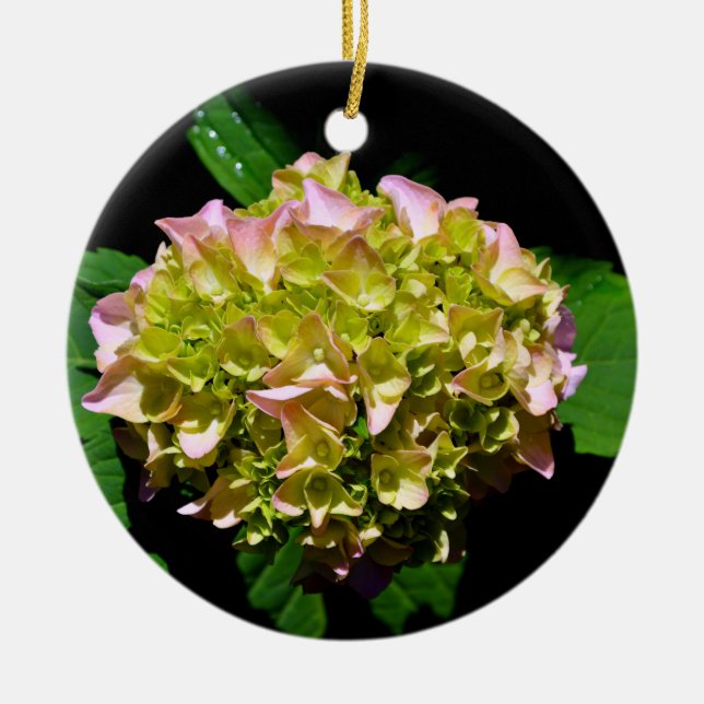 Elegant soft green pink green floral hydrangea ceramic ornament (Front)