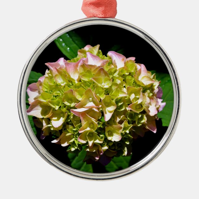 Elegant soft green pink green floral hydrangea metal ornament (Front)