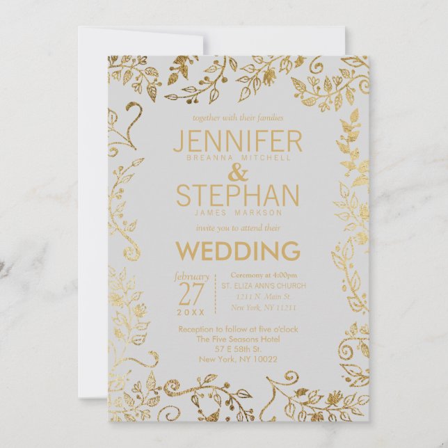 Elegant Soft Grey and Yellow Gold Floral Wedding Invitation (Front)
