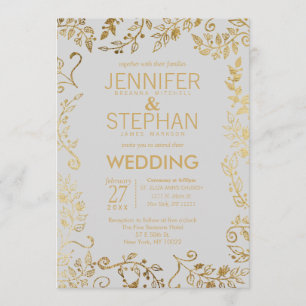 Elegant Soft Grey and Yellow Gold Floral Wedding Invitation