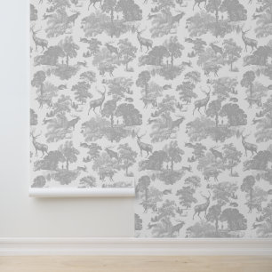 Elegant Soft Grey Deer Forest Animals Toile Wallpaper