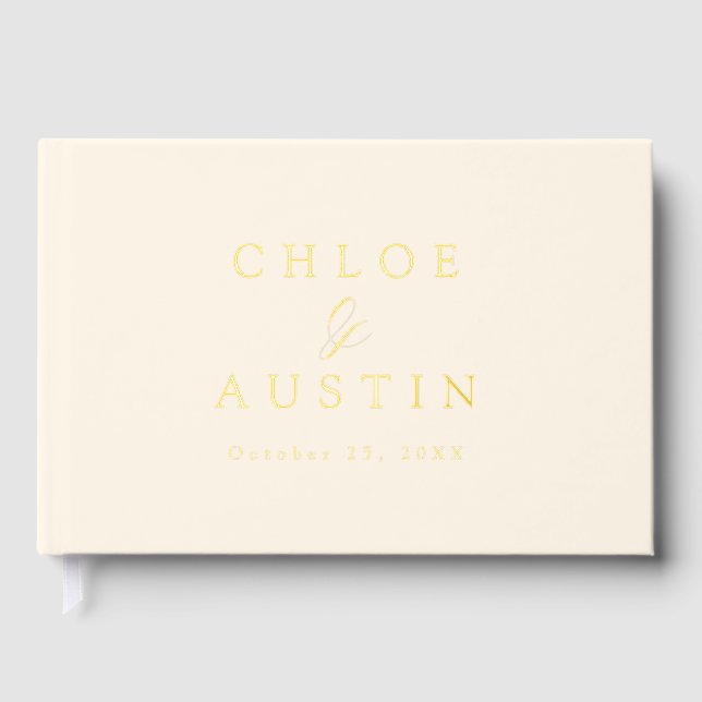 Elegant Soft Ivory and Gold Calligraphy Wedding Guest Book (Front)