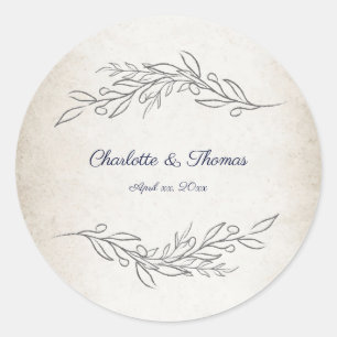 Elegant Soft Leaves Script Wedding Classic Round Sticker