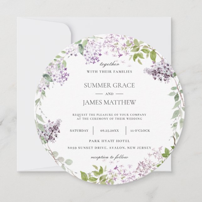 Elegant Soft Lilac Purple Floral Greenery Wedding  Invitation (Front)