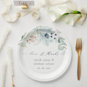Elegant Soft Pastel Blue Green Foliage Wedding Fav Paper Plate